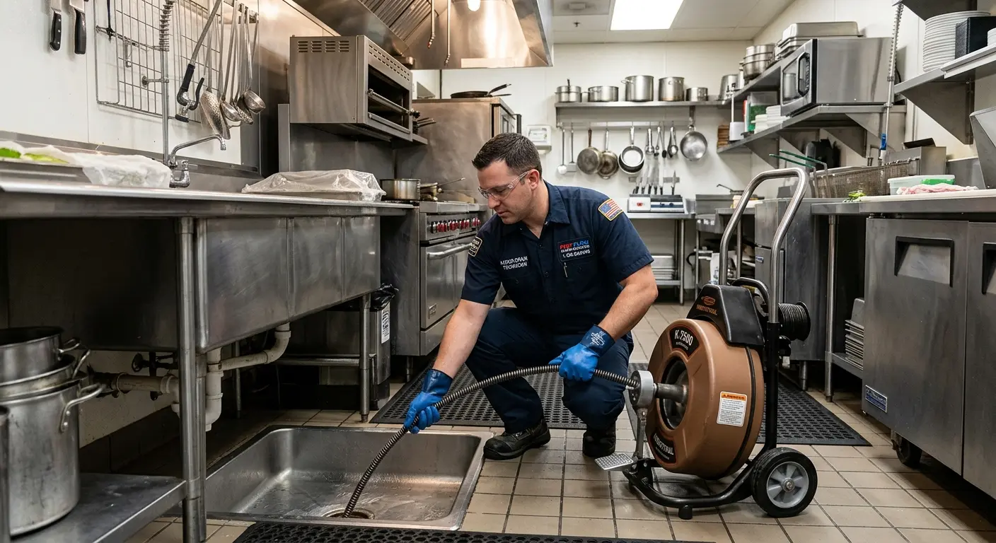 Commercial drain cleaning service in a restaurant kitchen in Greenbrier