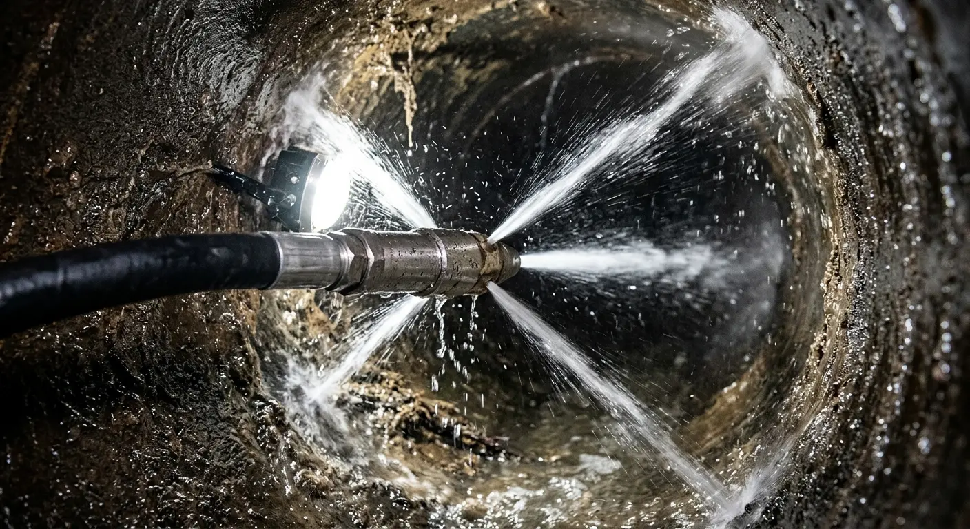 High-pressure hydro jetting nozzle cleaning sewer pipe for Emergency Drain Service in Greenbrier