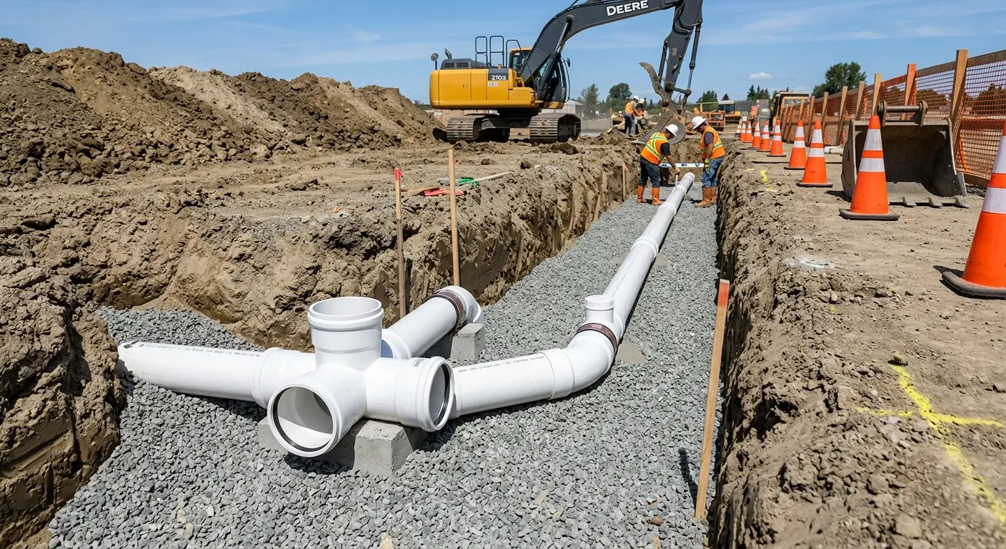 New PVC sewer pipe installation in open trench for Commercial Drain Cleaning in Greenbrier