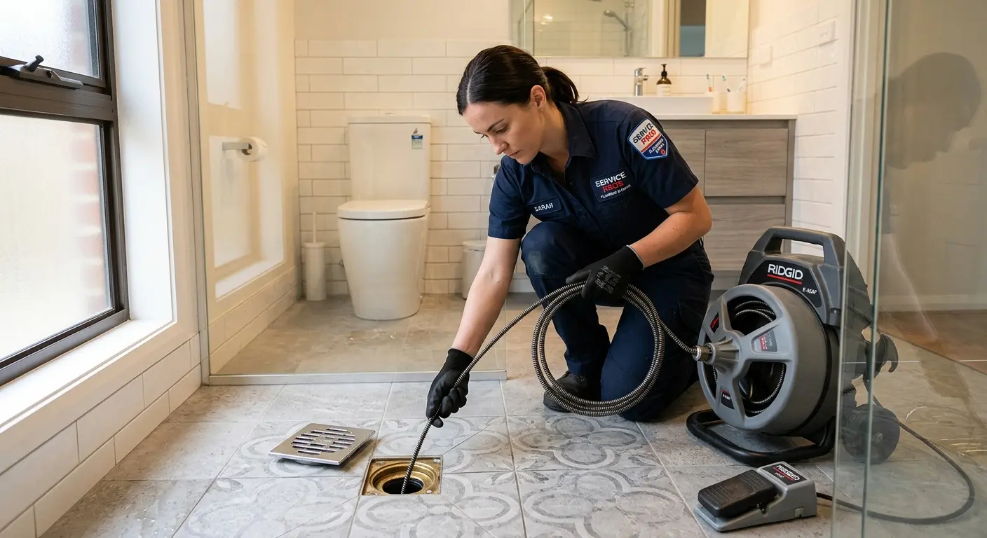 Technician clearing a bathroom floor drain for Hydro Jetting in Greenbrier